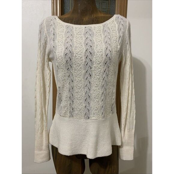 Ann Taylor Romantic Cream Sweater Cable Knit Wool Blend Eyelet - Picture 1 of 10